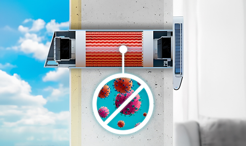 Напречен разрез на локалният рекуператор Dalap BRISE 160 PROFI, монтиран в стената, с меден топлообменник с антибактериални свойства